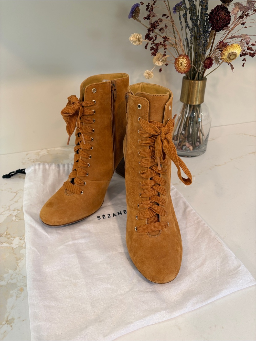 Sezane Suede Lace-Up Ankle Boots in Camel Brown